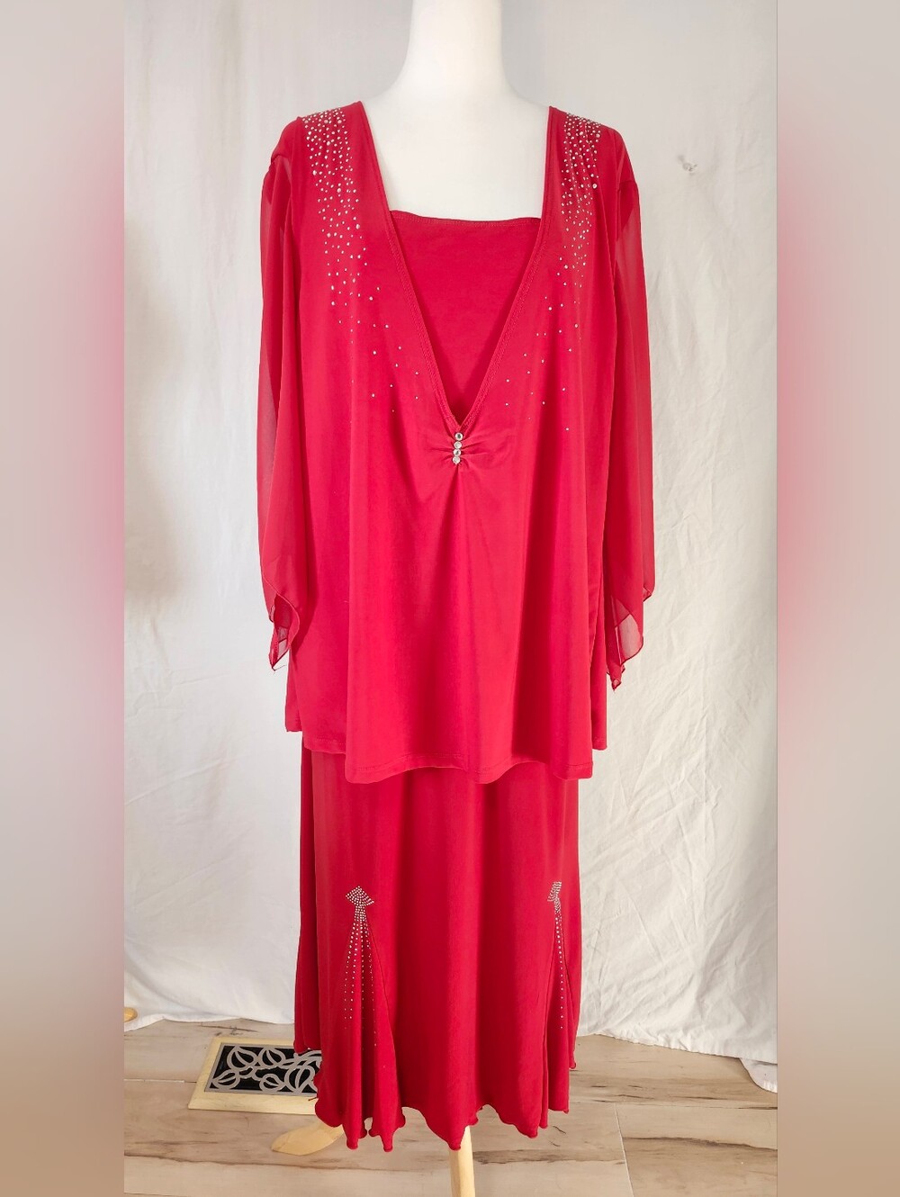 Red Rhinestone-Embellished Women's Skirt/Top Set By In Time USA.